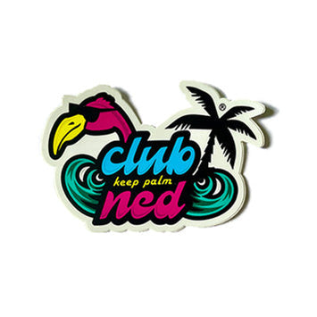 Flamingo sticker with waves & palm tree by Club Ned