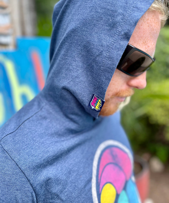 Load image into Gallery viewer, Distressed Icon Logo Hoodie- side view of model wearing hoodie with hood up
